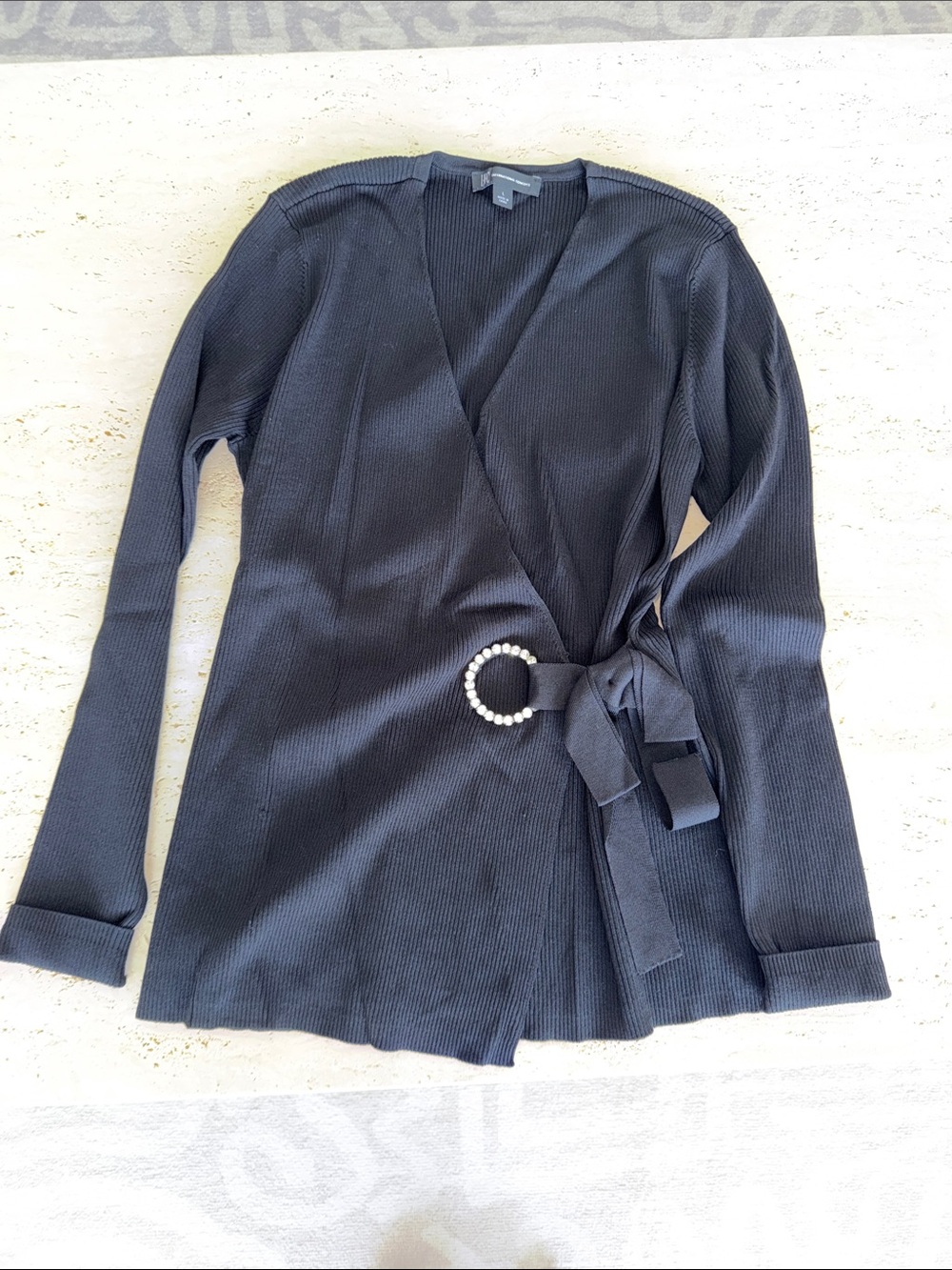 INC International Concepts Black Wrap Sweater with Rhinestone Buckle - worn 2x